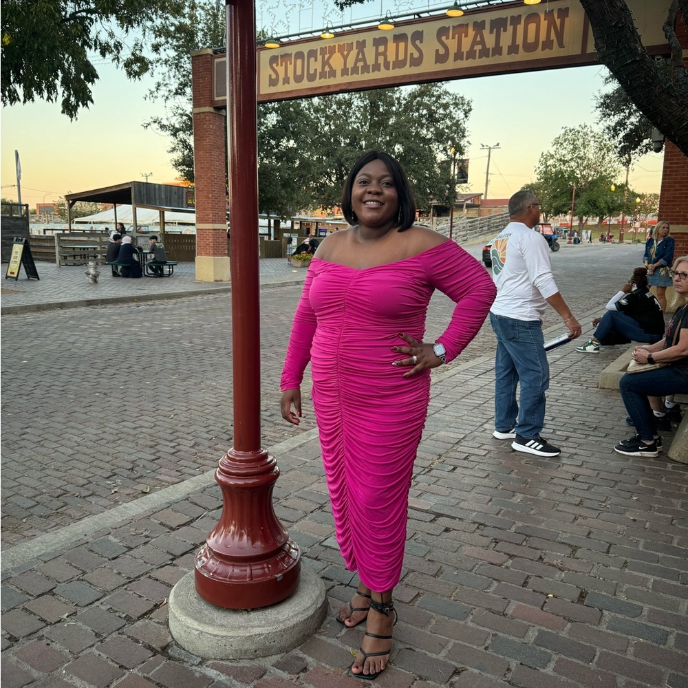 Eloquii Pink Off-Shoulder Maxi Dress for Wedding Guest